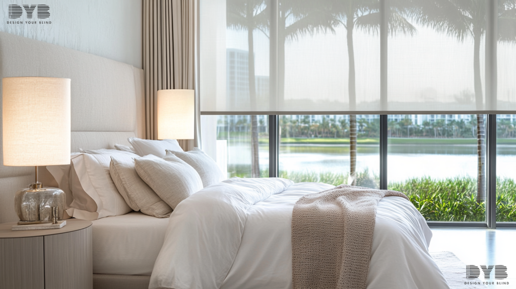 A serene bedroom in Parkland, FL, with Screen Roller Shades partially closed, overlooking a lake.