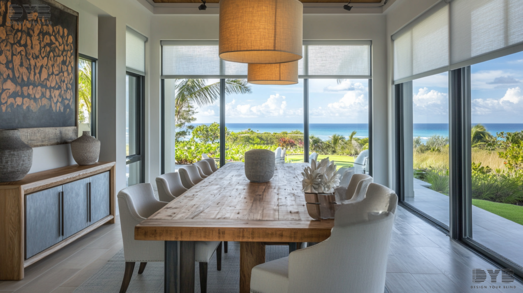 A casual Parkland dining room with Screen Roller Shades partially closed, overlooking the Backyard with pool.