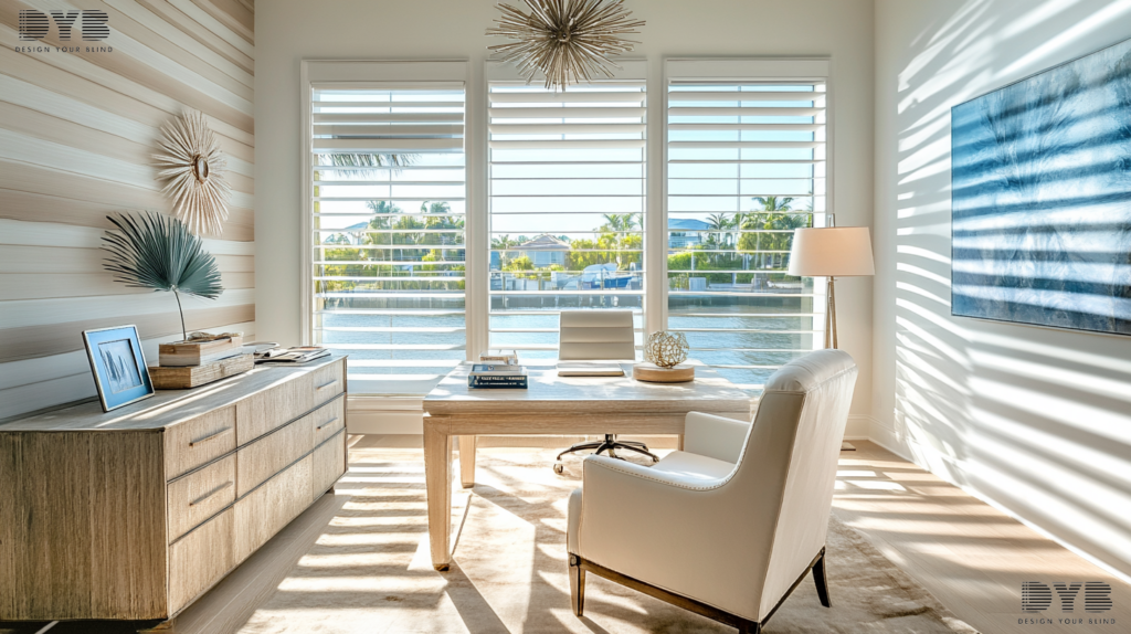A West Palm Beach, FL home office with Pirouette Shades, designed in a Farmhouse Modern style with warm neutrals and natural wood tones.