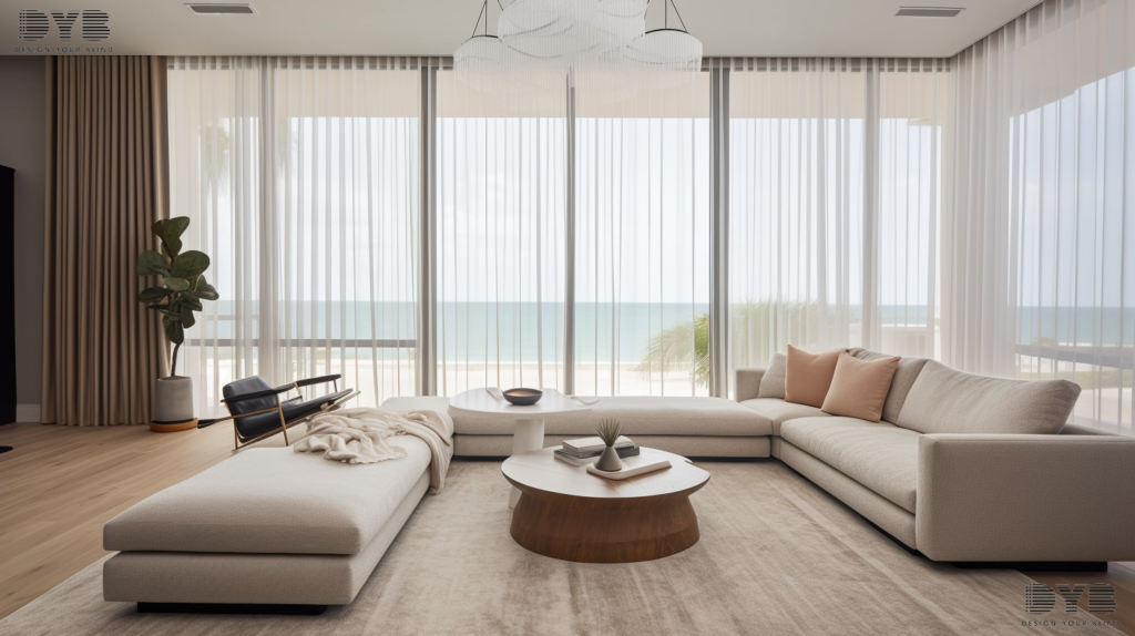 Modern living room in West Palm Beach, FL, with sheer curtains and an ocean view.