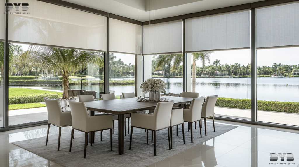 A minimalist dining room in West Palm Beach, FL, featuring Silhouette Shades and a lake view.