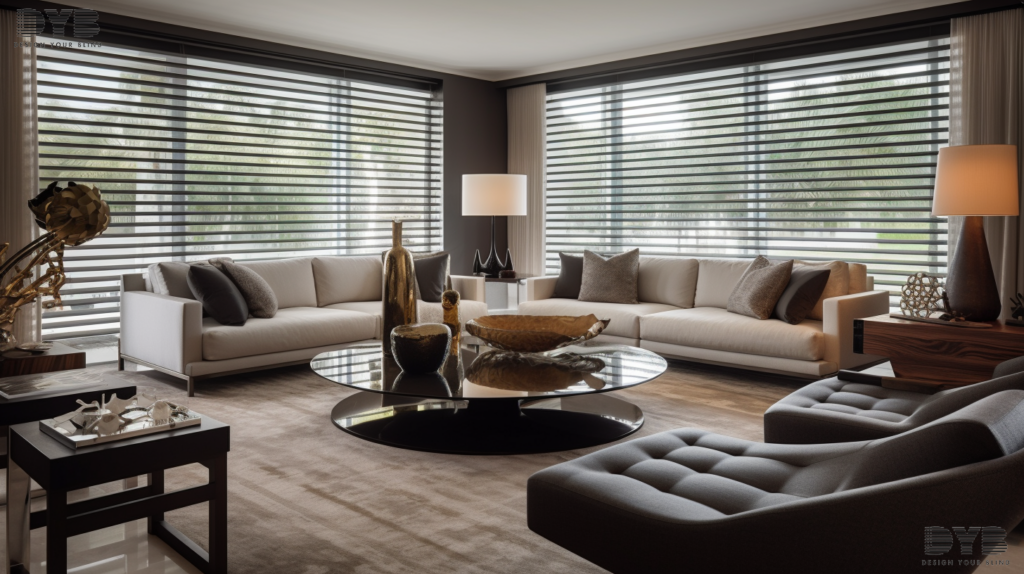 Formal living room in Lighthouse Point, FL with Pirouette Shades, featuring a plush sofa and an Intercoastal Waterway view.