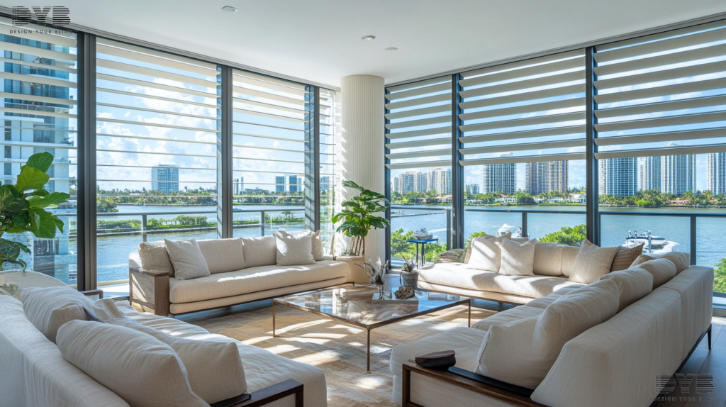 A spacious West Palm Beach living room with Pirouette Shades, showcasing a Transitional design with a touch of elegance and practicality.