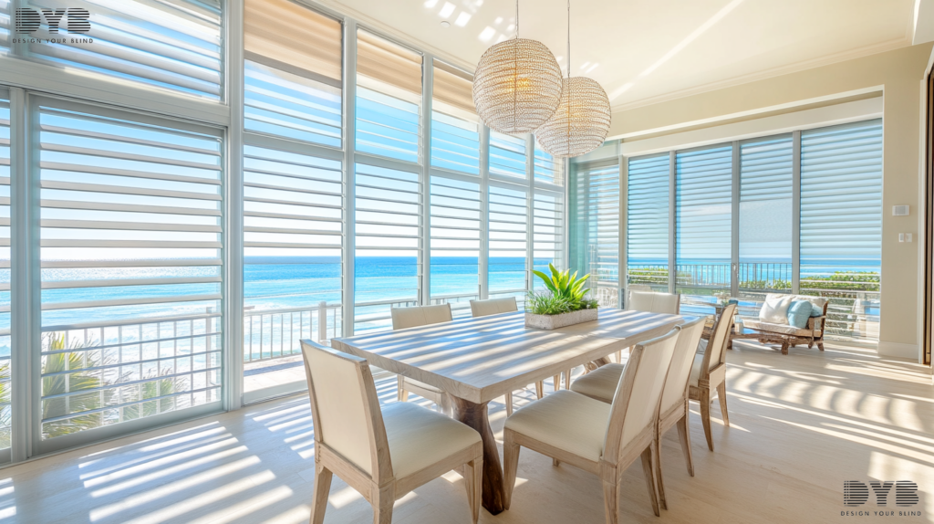 A West Palm Beach dining room with Pirouette Shades, a Transitional design element that adds elegance and privacy, showcasing stunning ocean views.