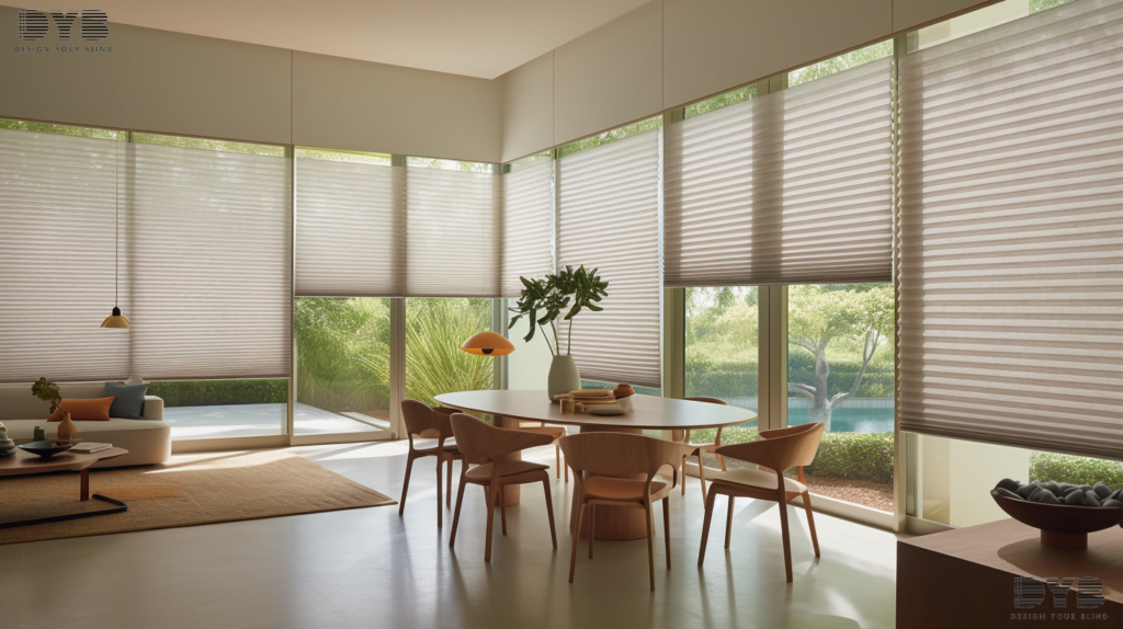 Honeycomb Shades in a West Palm Beach dining room, creating a serene and stylish ambiance