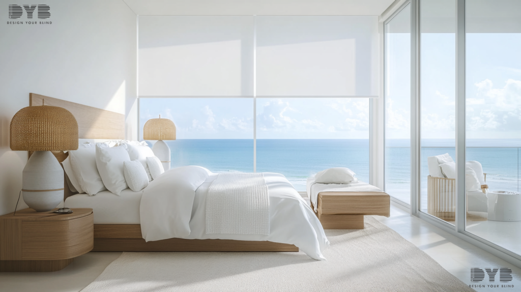 A minimalist guest bedroom in West Palm Beach, FL, with Silhouette Shades and an ocean view.