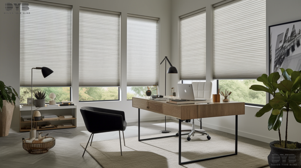 Honeycomb Shades in a West Palm Beach home office, creating a serene and stylish workspace