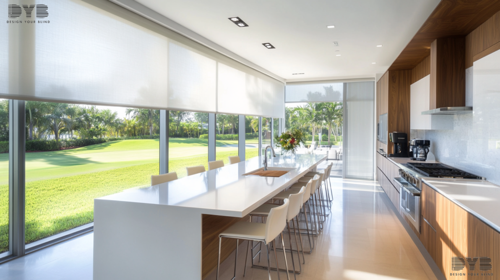 A modern kitchen with a large window showcasing Silhouette Shades in West Palm Beach, FL.
