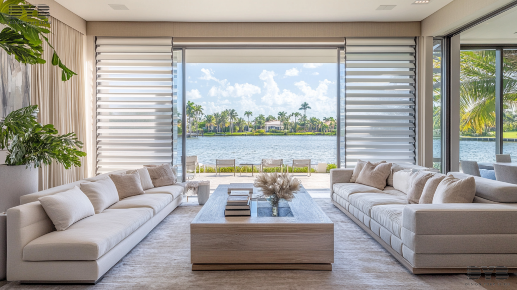 A West Palm Beach, FL, living room with Pirouette Shades, a contemporary design element enhancing the space's tranquil ambiance.