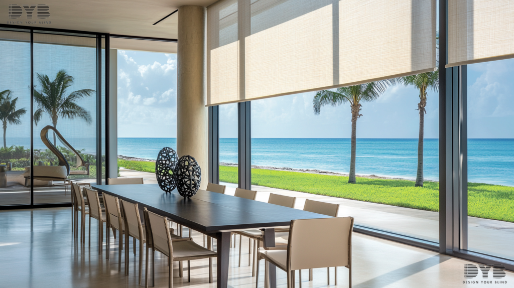 A dining room in Boca Raton, FL, featuring Roller Shades on large windows, overlooking the ocean.