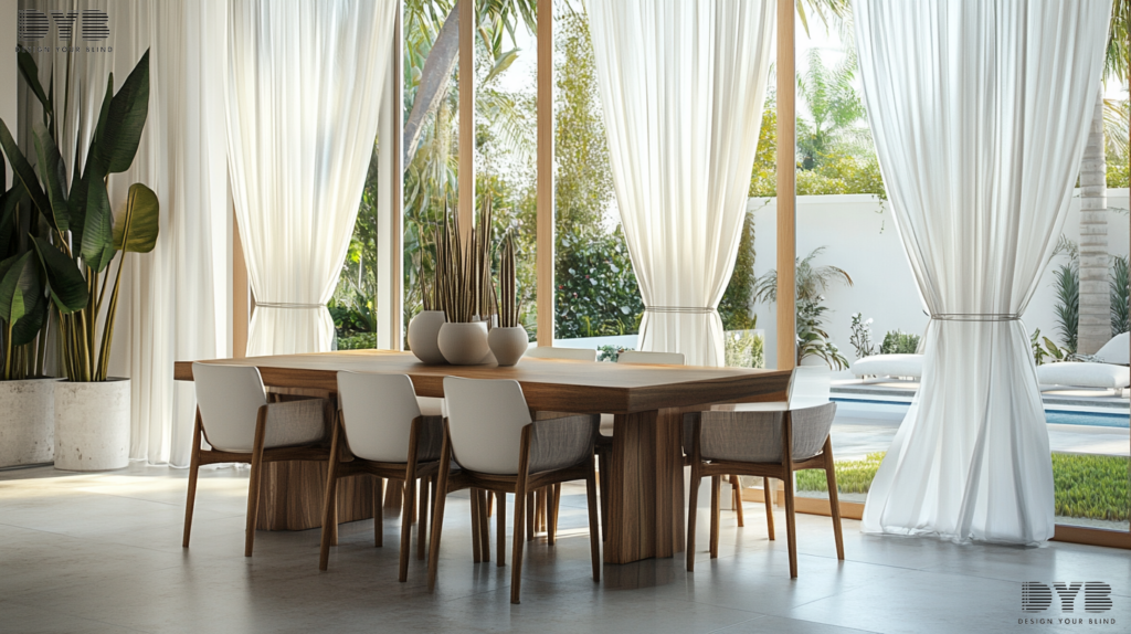 A casual dining room in Boca Raton, FL, featuring Sheer Curtains and a sleek, wooden dining table and chairs.