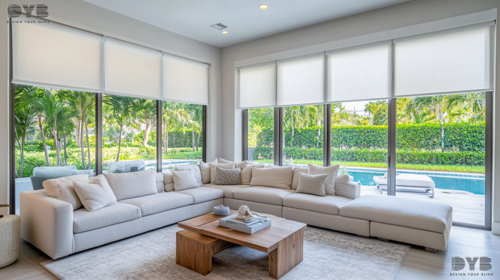 Boca Raton family room with Roller Shades overlooking a pool