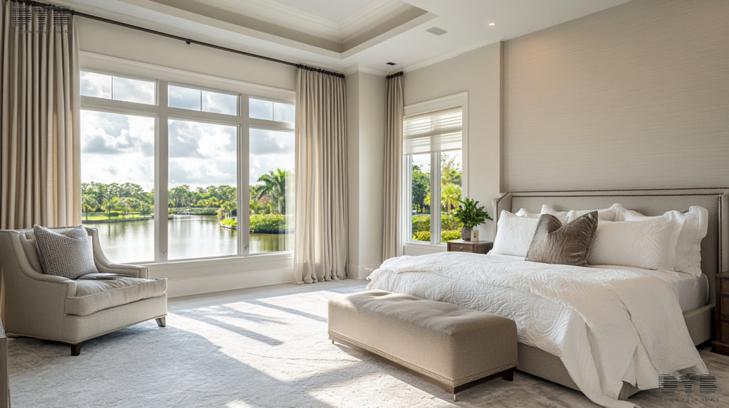 A master bedroom in Boca Raton, FL, featuring Roller Shades on large windows, overlooking a peaceful canal.