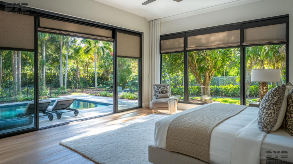 A master bedroom in Boca Raton, FL, featuring Silhouette Shades on large windows, overlooking a backyard.