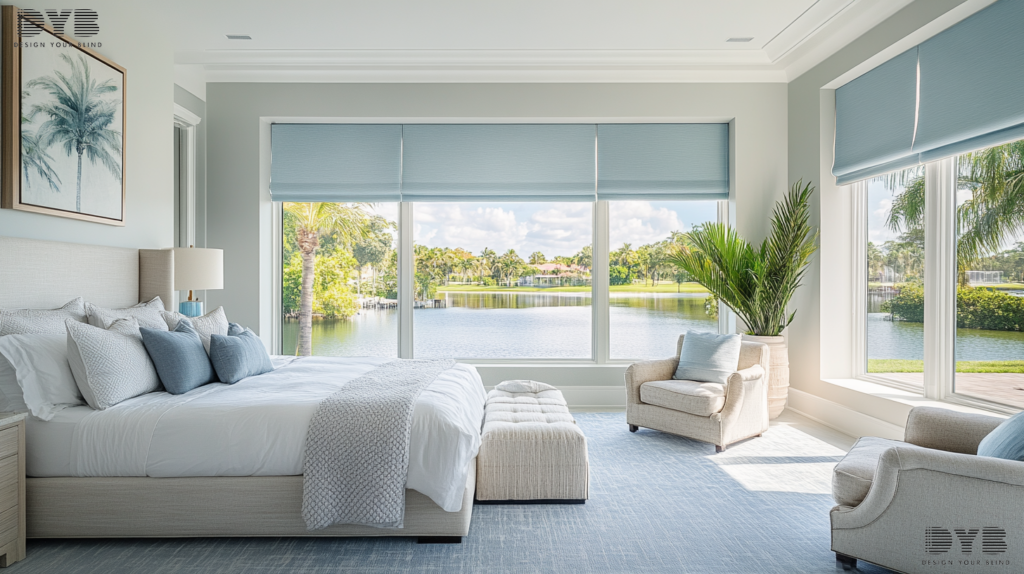 Boca Raton master bedroom with Roller Shades overlooking a lake