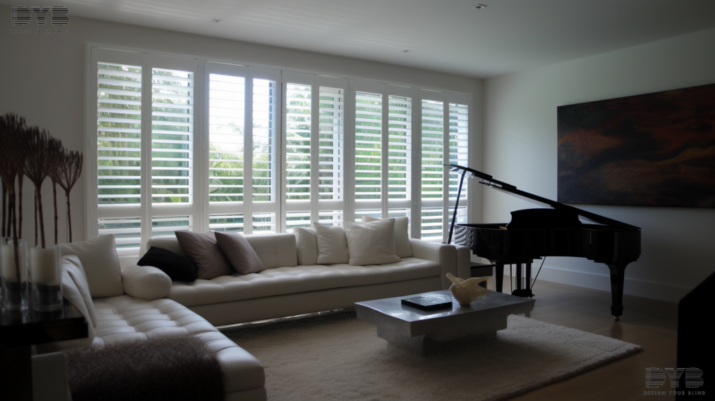 A living room with Plantation Shutters in Delray Beach, FL