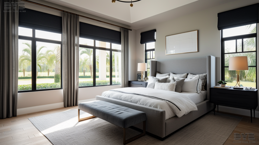 A master bedroom with Blackout Roller Shades in Delray Beach, FL