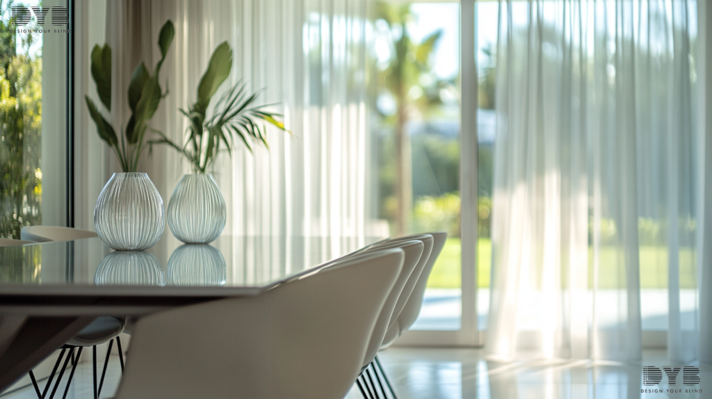 A contemporary dining room in Boca Raton, FL, featuring Sheer Curtains and a sleek, glass-topped dining table and chairs.