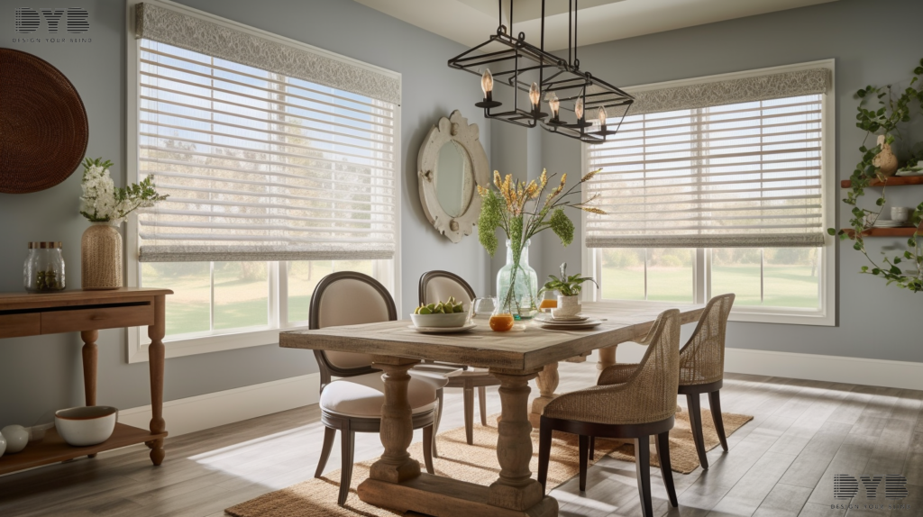 A casual dining room in Parkland, Florida with fully closed Roller Shades and furniture from Crate & Barrel.