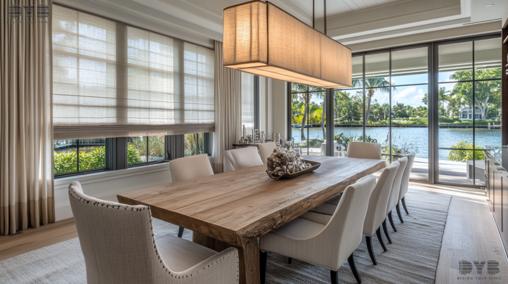 A transitional dining room in West Palm Beach, FL, featuring Silhouette Shades and a view of the Intercoastal Waterway.