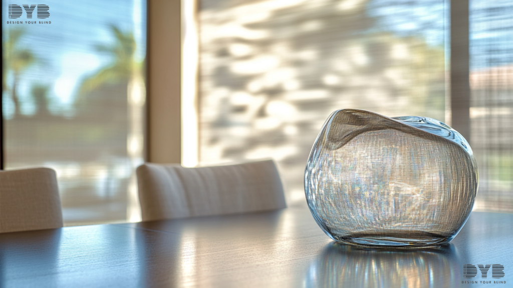 Close-up shot of a dining table in Parkland, FL with Screen Roller Shades, partially closed, filtering the sunlight.