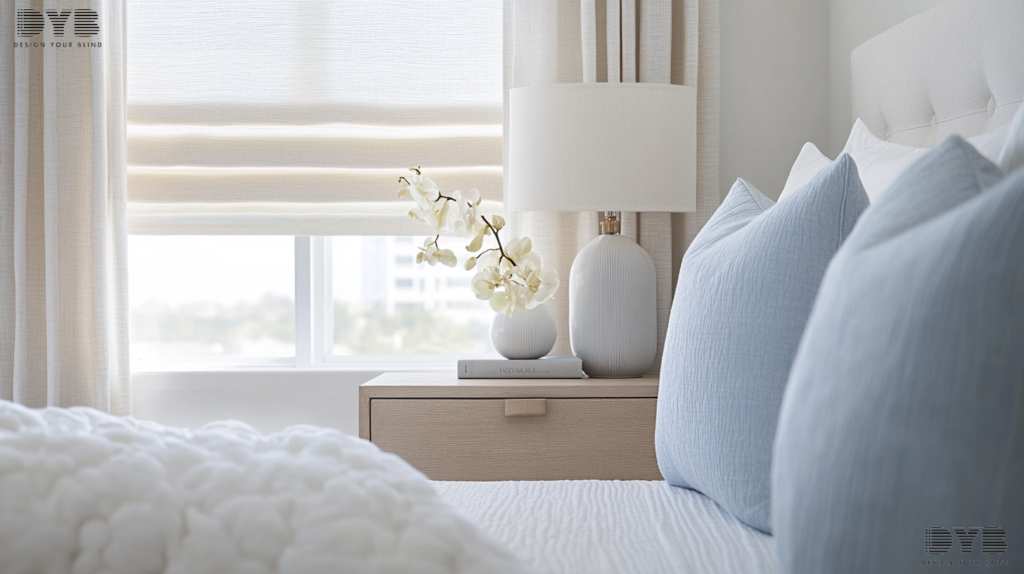 A contemporary guest bedroom in West Palm Beach, FL, featuring Silhouette Shades and an ocean view.