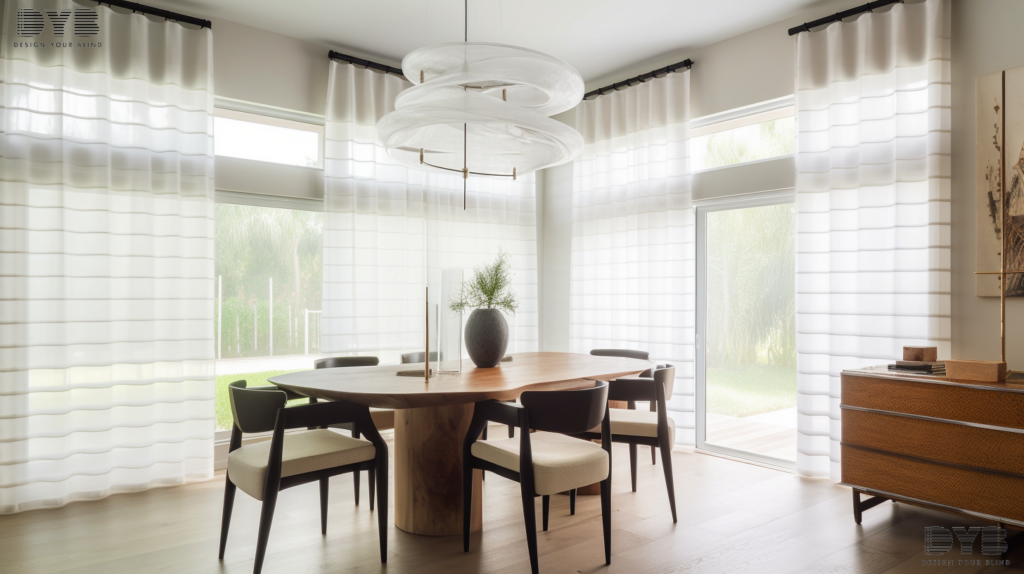 A dining room with Sheer Curtains in Lighthouse Point, Florida, featuring a farmhouse modern design and views of the ocean.