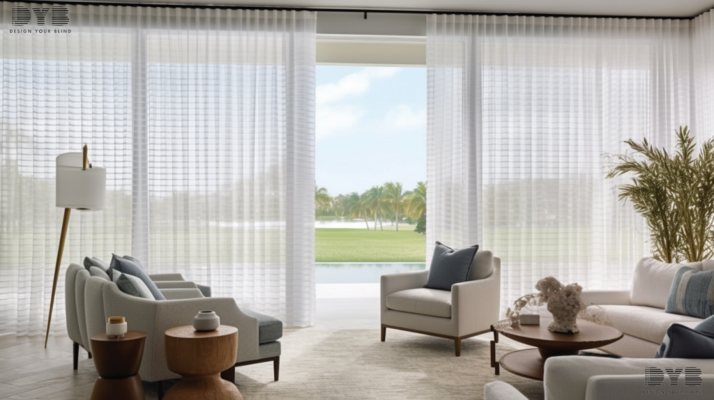 A living room with Sheer Curtains in Lighthouse Point, Florida, featuring a coastal design and views of a golf course.