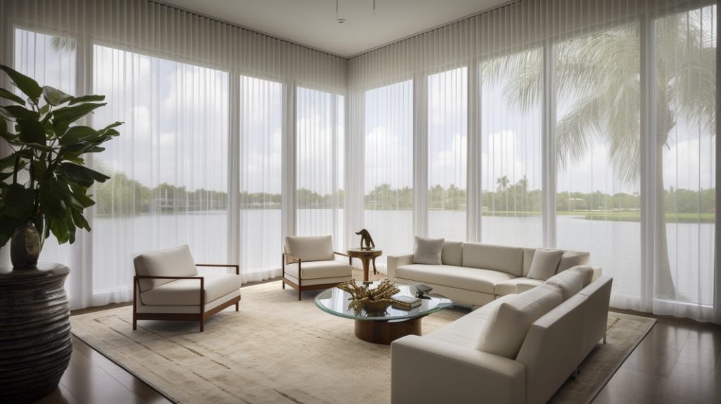 A living room with Sheer Curtains in Lighthouse Point, Florida, featuring a transitional design and views of a canal.
