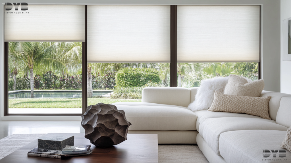 A living room in Boca Raton, FL, featuring Silhouette Shades on large windows, overlooking a backyard.