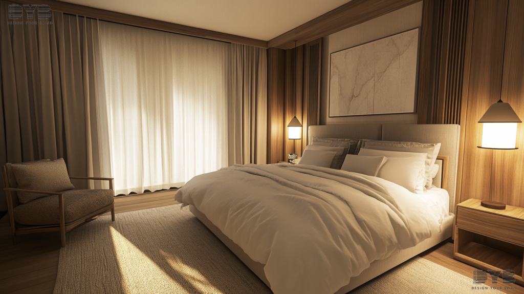 A minimalist bedroom in Parkland, FL, with Blackout Roller Shades, fully closed, creating a calming atmosphere.