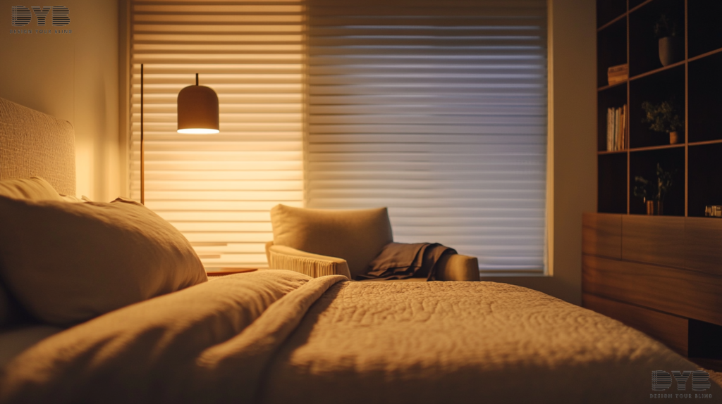 A minimalist bedroom in Parkland, FL, with Hunter Douglas Silhouette Shades, fully closed, creating a calming atmosphere.