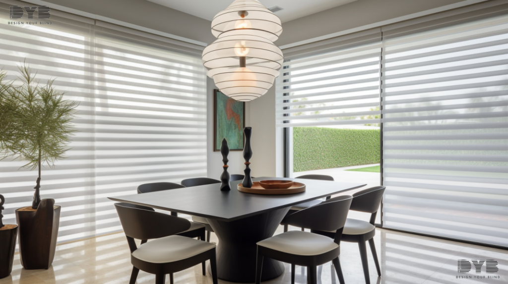 A casual dining room in Parkland, FL, with Hunter Douglas Pirouette Shades, partially closed, allowing soft light to filter through.