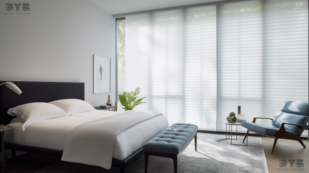 A modern guest bedroom in Parkland, Florida with white Roller Shades and furniture from Williams Sonoma, featuring a lake view.
