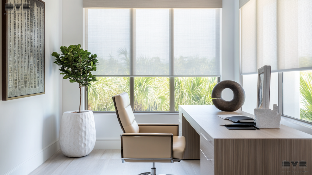 A modern home office in Parkland, FL, with Solar Roller Shades, partially closed, allowing natural light to filter through.