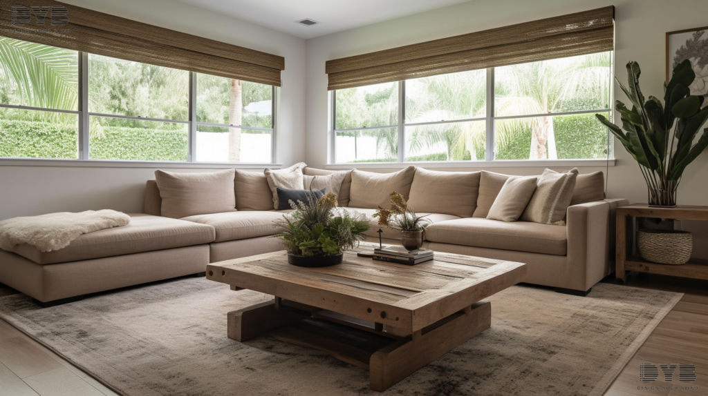 A family room in Parkland, Florida featuring a sectional sofa, reclaimed wood coffee table, and white Roller Shades, with a golf course view.