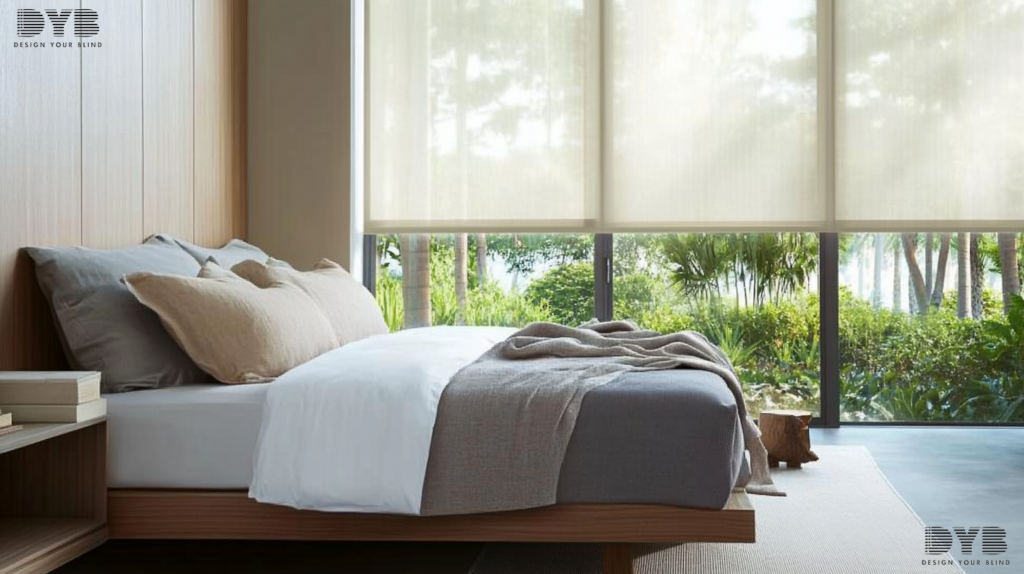 A modern bedroom with a king-sized bed, plush bedding, and Screen Roller Shades in West Palm Beach, FL.