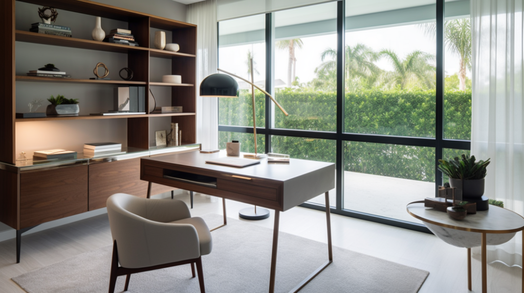 A home office with Sheer Curtains in Lighthouse Point, Florida, featuring an urban modern design and views of a golf course.