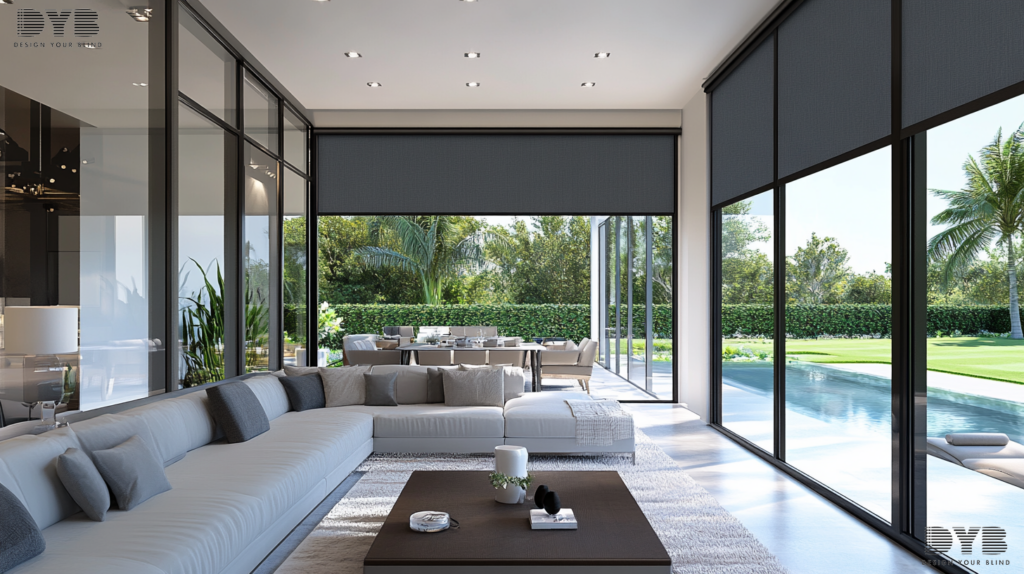 Boca Raton living room with custom Roller Shades overlooking a golf course