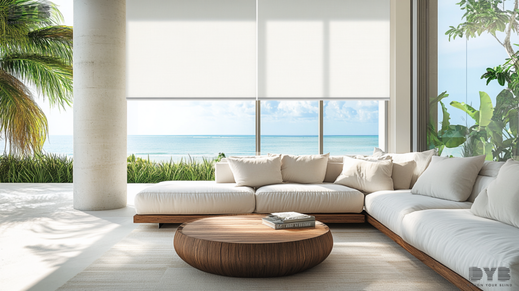 A minimalist family room with Solar Roller Shades and ocean views in West Palm Beach, FL.