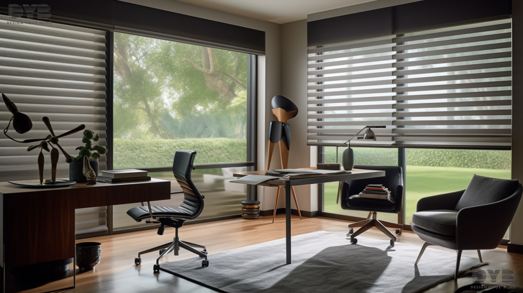 Close-up of Zebra Shades in an Urban Modern home office in Boca Raton, Florida