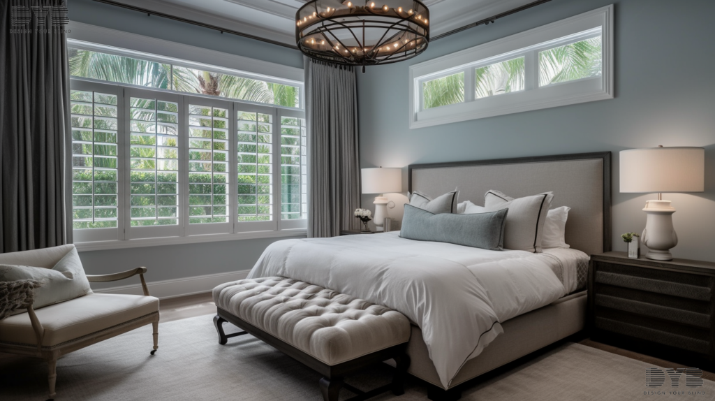 A master bedroom in Boynton Beach, Florida, featuring Blackout Curtains on large windows that overlook the backyard.