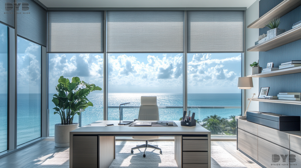 Blackout Roller Shades in a contemporary home office with ocean views in Palm Beach Gardens, Florida.