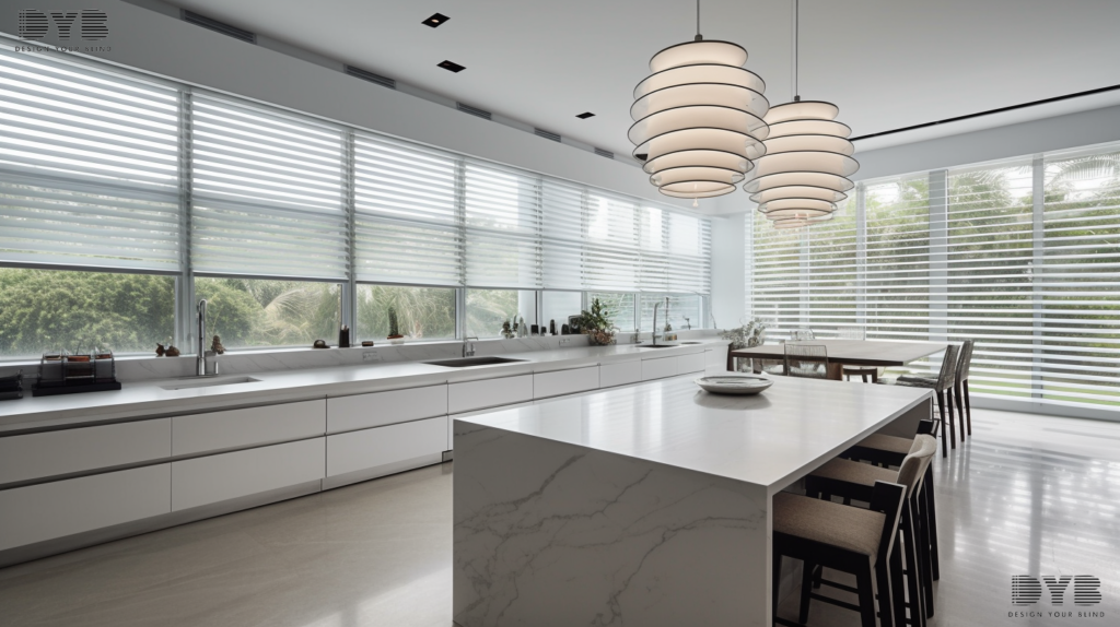 A kitchen in Boca Raton, FL, with Pirouette Shades partially closed, overlooking canals.