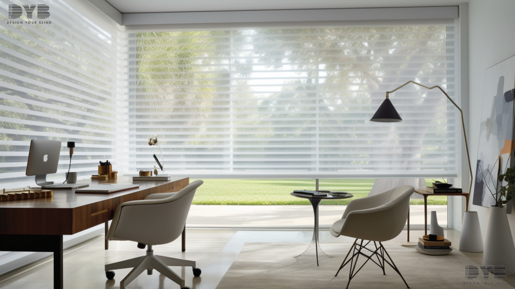 A minimalist home office in Boynton Beach, Florida, featuring Solar Roller Shades on a large window overlooking the backyard.