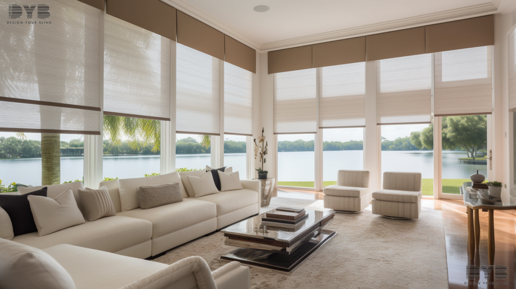 A spacious formal living room in Boynton Beach, Florida, featuring Roller Shades on large windows that overlook a lake.