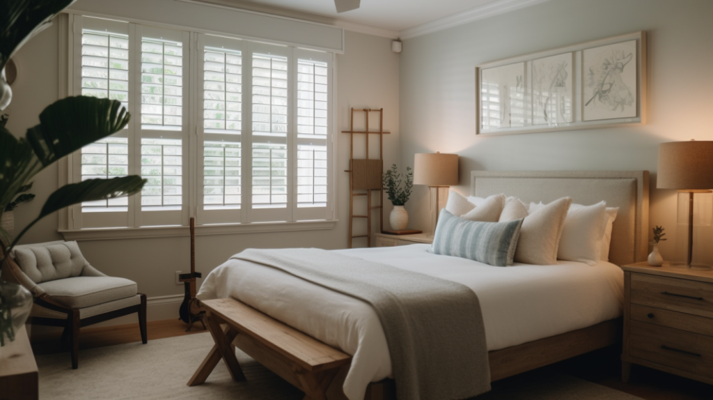 A cozy bedroom in Palm Beach Gardens, featuring Plantation Shutters that create a calming and inviting atmosphere. The shutters provide a timeless and elegant touch to the coastal-inspired space.