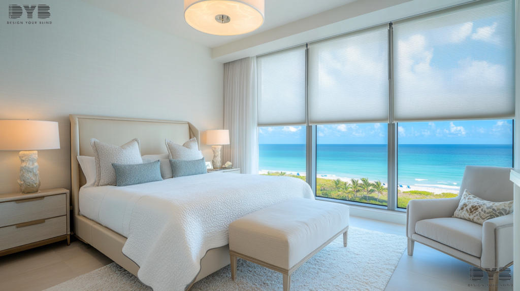 A guest bedroom in West Palm Beach, FL, featuring Pirouette Shades and an ocean view.