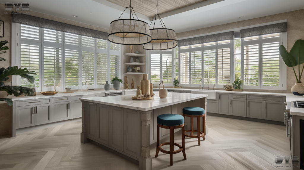 A kitchen in Boca Raton, FL, with Pirouette Shades fully closed, overlooking a lake.