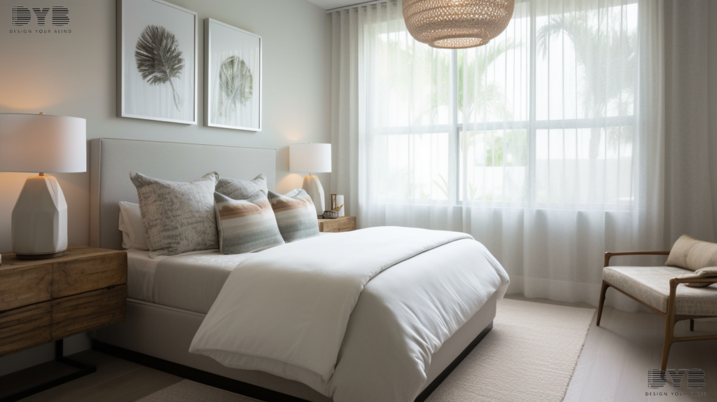 A guest bedroom with sheer curtains, creating a tranquil atmosphere in a coastal-style Palm Beach Gardens home.